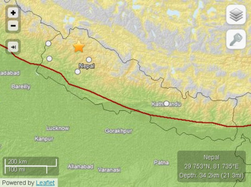 尼泊尔发生5.0级地震震源深度34.2公里