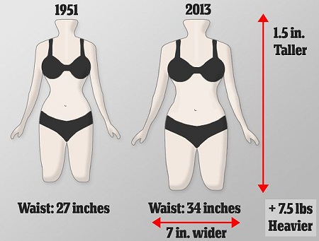 现今英国女性的平均腰围已从1951年时的68厘米上升到86厘米，而胸围和臀围并没有相应增加，因此体型更接近于长方形