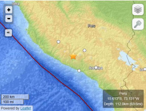 秘鲁南部地区发生5.7级地震震源深度112公里