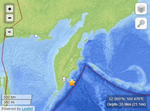 俄远东海域发生6级地震震源深度33.9公里（图）