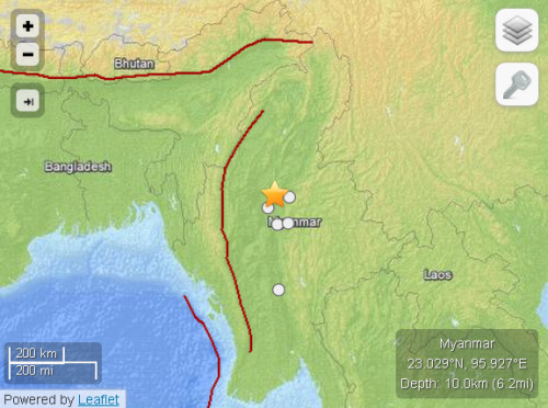 缅甸发生两次5.0级余震震源深度均为10公里