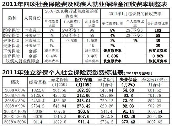 2011年四項社會保險費及殘疾人就業保障金徵收費率調整表